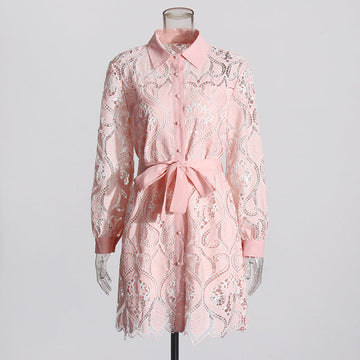 French Retro Embroidered Short Dress 2025 Summer New Collar Long Sleeves To Close The Waist Irregular Dress Woman